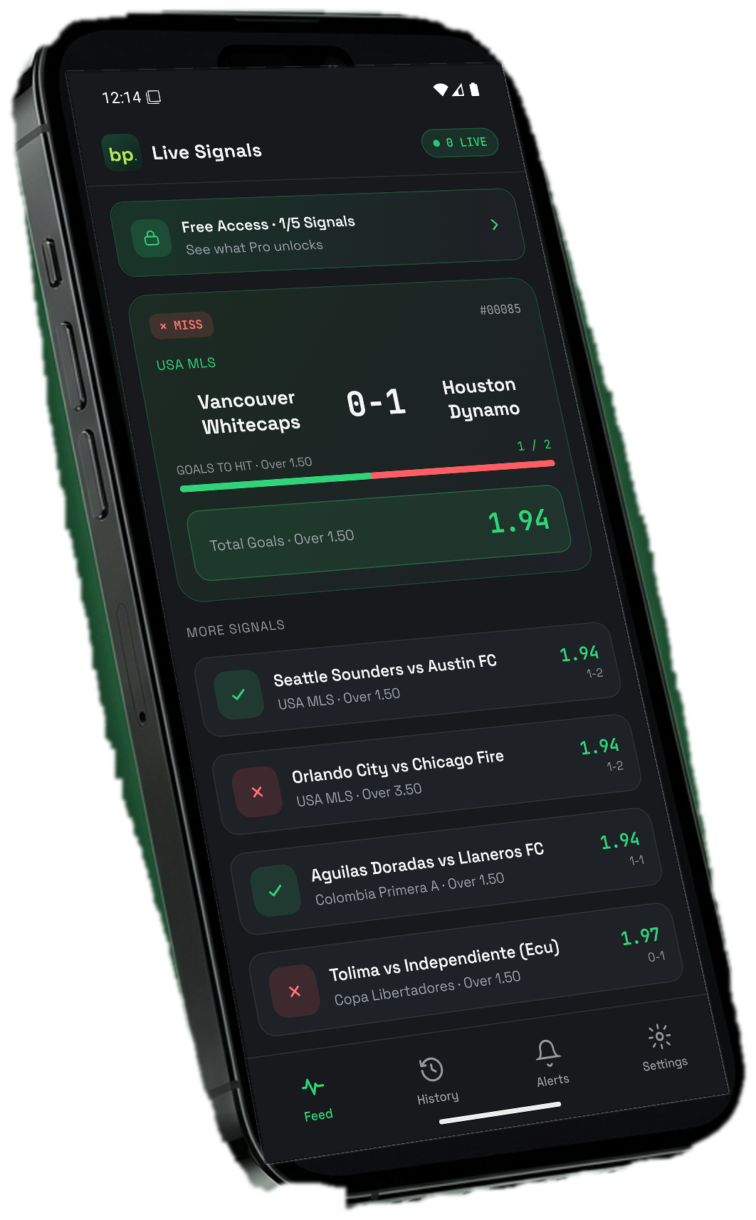 The Bonpredict app showing live in-play football signals